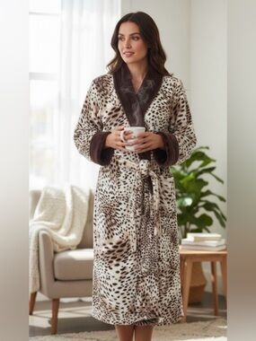 Natori Animal Print Snow Leopard Plush
Long Wrap Robe Size L
Cream and Brown